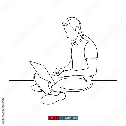 Continuous line drawing of A man sits on the floor and works with a laptop. Template for your design works. Vector illustration.