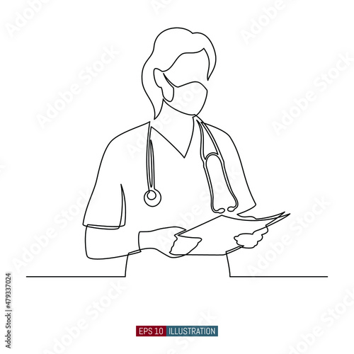 Continuous line drawing of doctors silhouette. Hospital scene. Template for your design works. Vector illustration.