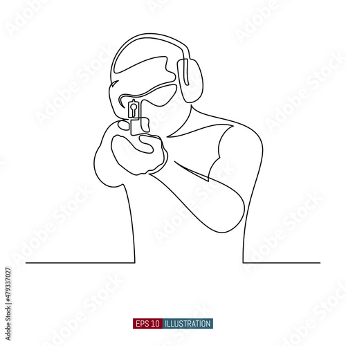 Continuous line drawing of Man with a gun in shooting range. Template for your design works. Vector illustration.