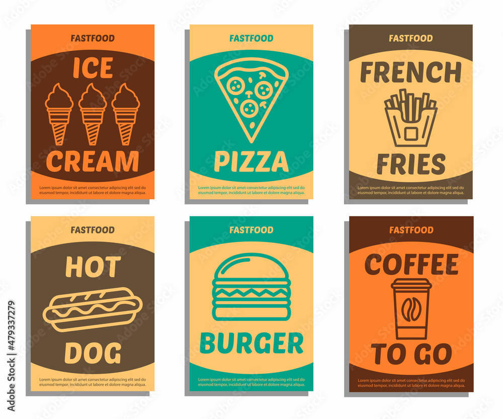 Vector colored fast food posters. Vintage style. Retro food background. Contains icons such as pizza, hot dog, fries, hamburger, ice cream, coffee.