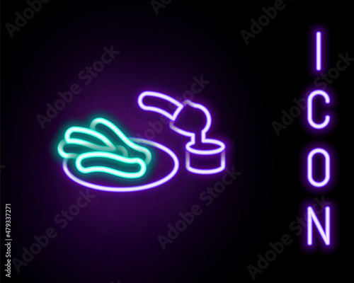 Glowing neon line Churros and chocolate icon isolated on black background. Traditional national Spain dessert, European street food. Colorful outline concept. Vector