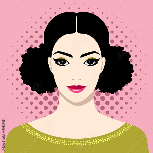 Cheerful smiling young woman with curly black hair wearing green dress decorated around the neckline, against spotted pink background, simple vector portrait, front view