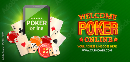 Welcome banner to online poker.Online Casino in smartphone.Web landing page template for internet game. Advertising,invitation poster with phone, poker cards, playing dice, chips. Gambling app. Vector