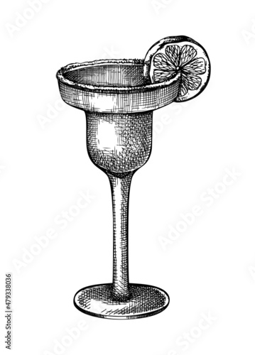 Hand-sketched Margarita cocktail illustration. Vector sketch of alcoholic drink in elegant glass. Classic cocktail with  tequila, orange liqueur, lime juice, and salt  hand-drawing isolated on white photo