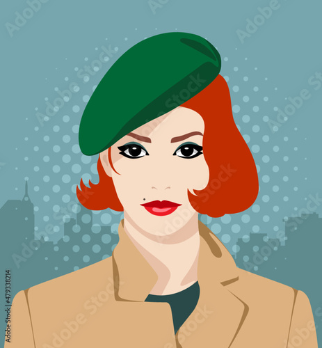 Portrait of beautiful, elegant redhead woman with red lips wearing green beret and camel coat against background with city silhouette, front view, vector illustration