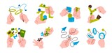 Hand with puzzles. Cartoon teamwork concept with human hands holding and working with abstract geometric objects. Vector data analytics and problem solving concept