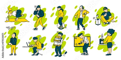 People working and relaxing. Freelance characters working at home and take a break with coffee music and hobbies. Vector isolated set
