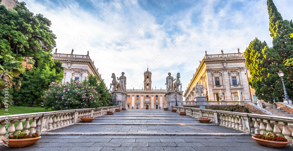 Obraz premium Staircase to Capitolium Square (Piazza del Campidoglio) in Rome, Italy. Made by Michelangelo, it is home of Rome (Roma) City Hall