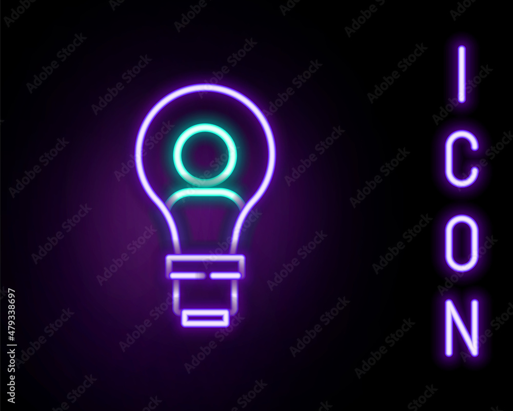 Glowing neon line Human head with lamp bulb icon isolated on black background. Colorful outline concept. Vector Glowing neon line Human head with lamp bulb icon isolated on black background. Colorful outline concept. Vector