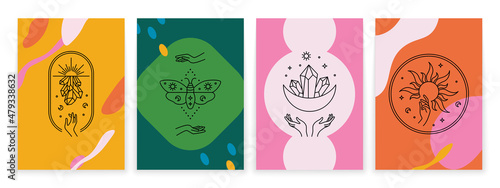 symbol posters. Abstract line esoteric astrology banners with mystery line emblems. Vector set