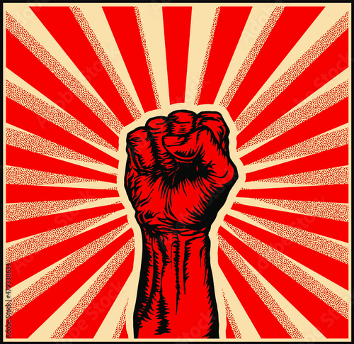 Vector illustration of strong raised fist in a ray red background in the style of soviet propaganda posters.