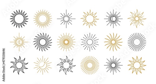 Magic and mystic sun and star ancient line symbols, meditation elements. Vector set