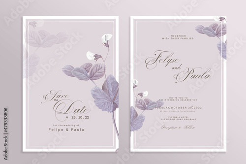 Double Sided Vintage Wedding Invitation Template with Purple Flower