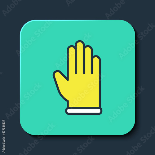 Filled outline Rubber gloves icon isolated on blue background. Latex hand protection sign. Housework cleaning equipment symbol. Turquoise square button. Vector
