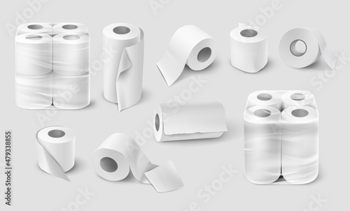 Realistic paper towel. White toilet paper roll and kitchen paper napkin scroll , white isolated hygiene spool sheet. Vector set