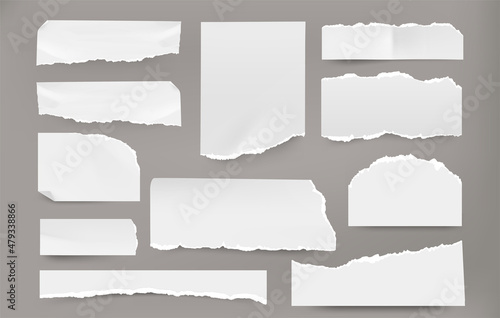Realistic torn pages. Piece of white blank ripped notebook page and paper sheet, notepad and scrapbook pieces with grunge edges. Vector set