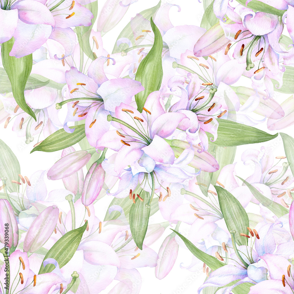 White pink lilies, seamless watercolor pattern