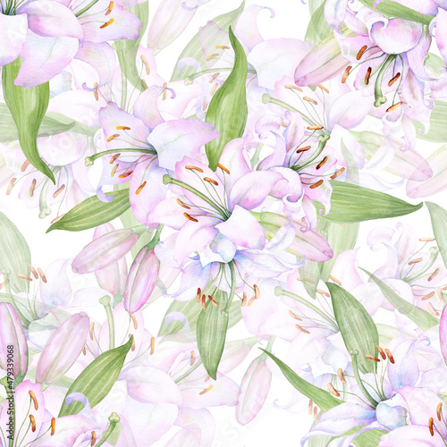 White pink lilies  seamless watercolor pattern