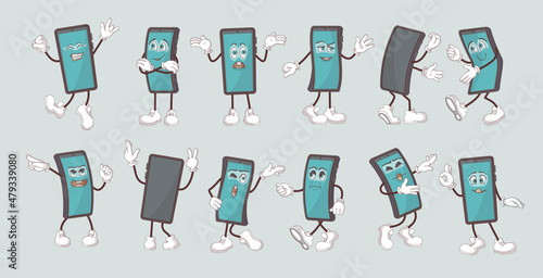 Smartphone mascot. Cartoon happy phone character with hand legs and face emotions. Vector isolated set