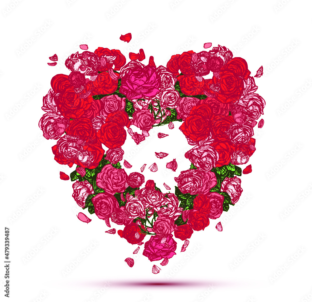 Vector illustration with red and pink roses and falling petals in the shape of a heart wreath isolated on white background.
