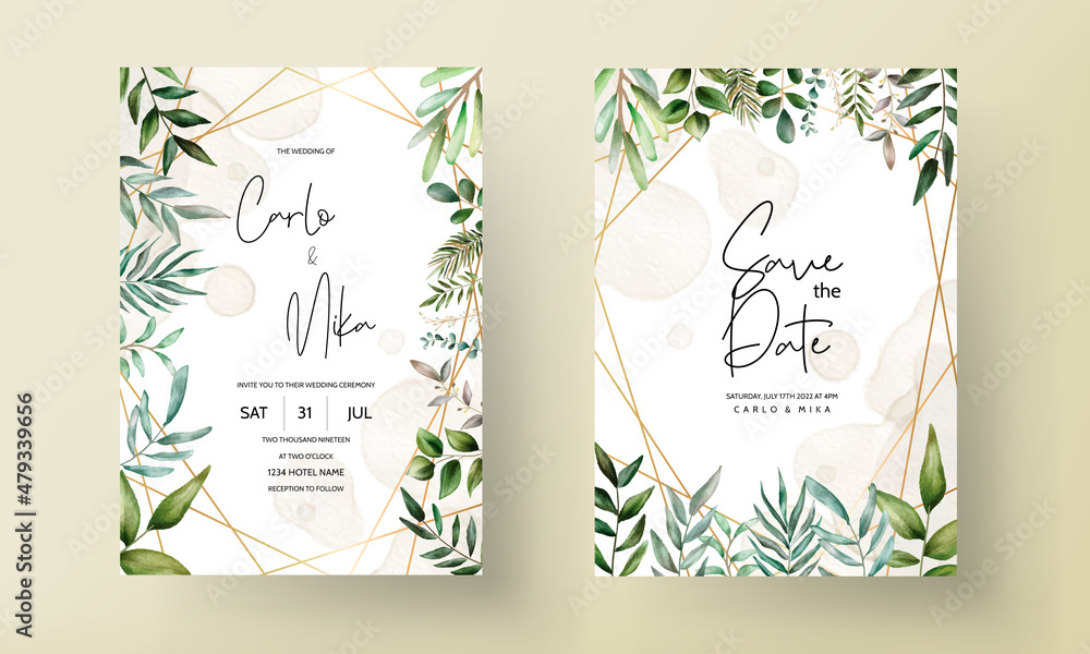 Wedding invitation card template with beautiful leaves