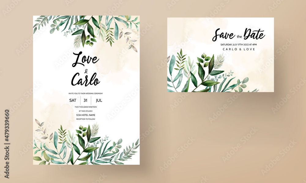 Wedding invitation card template with beautiful leaves
