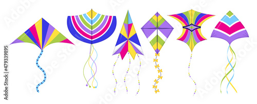 Kites set vector. International Kites Day holiday. Colorful fly toy collection.