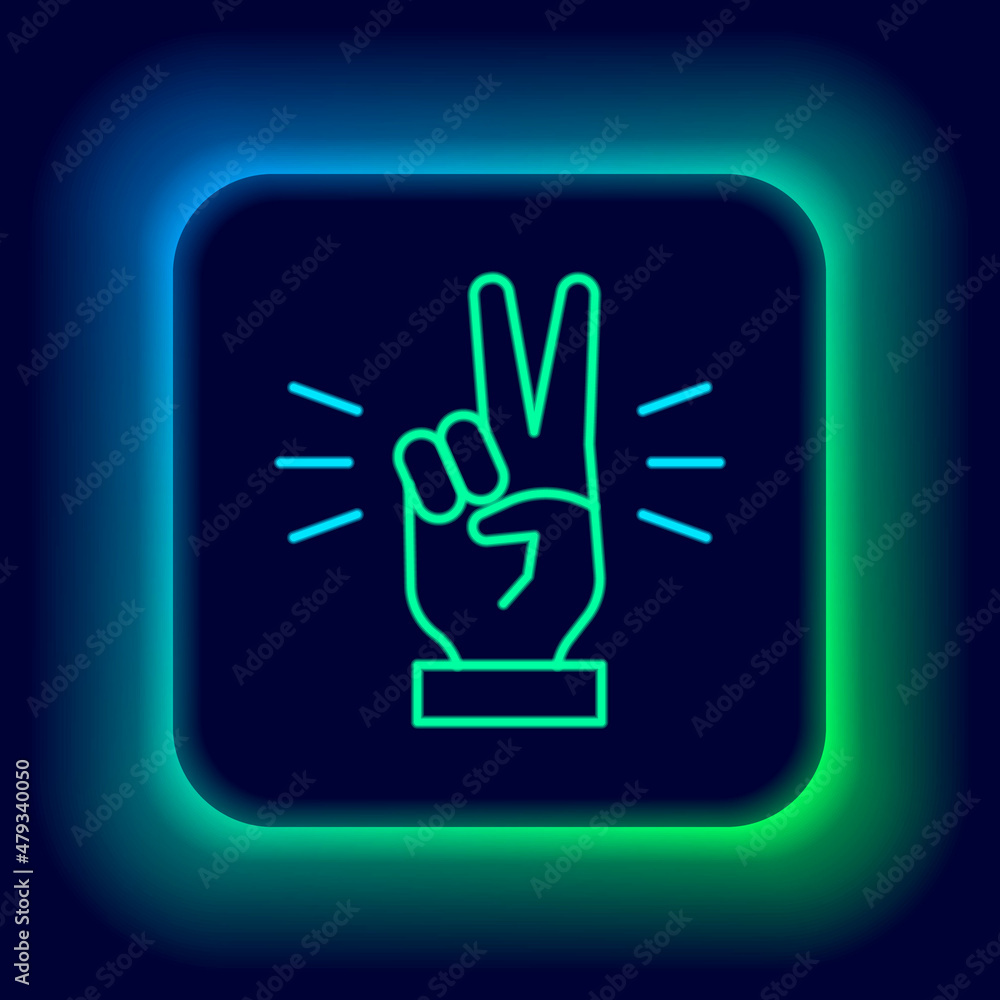 Glowing neon line Hand showing two finger icon isolated on black background. Victory hand sign. Colorful outline concept. Vector Glowing neon line Hand showing two finger icon isolated on black background. Victory hand sign. Colorful outline concept. Vector