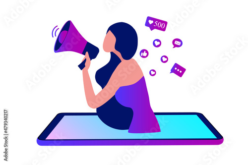 Beautiful woman shouting in loud speaker with social media icons. Influencer social media marketing, blogger, vlogging, social influencer and influencer marketing concept vector illustration