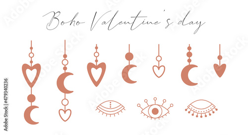 A set of boho elements with hearts, a crescent moon, open and closed eyes. Boho symbols, pendants with a heart. Decorative elements for Valentine's Day. Color vector illustrations isolated on white.
