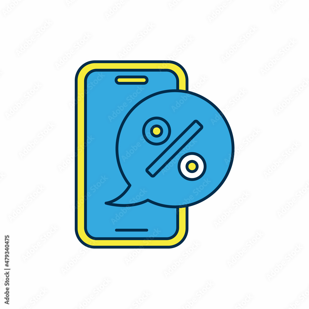 Filled outline Percent discount on mobile phone icon isolated on white background. Sale percentage - price label, tag. Vector Filled outline Percent discount on mobile phone icon isolated on white background. Sale percentage - price label, tag. Vector