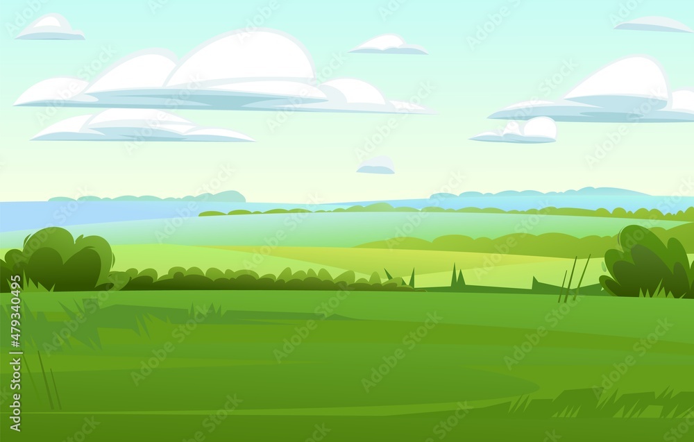 Glade in meadow. Rural landscape. Horizontal village nature illustration. Cute country hills. Flat style. Vector