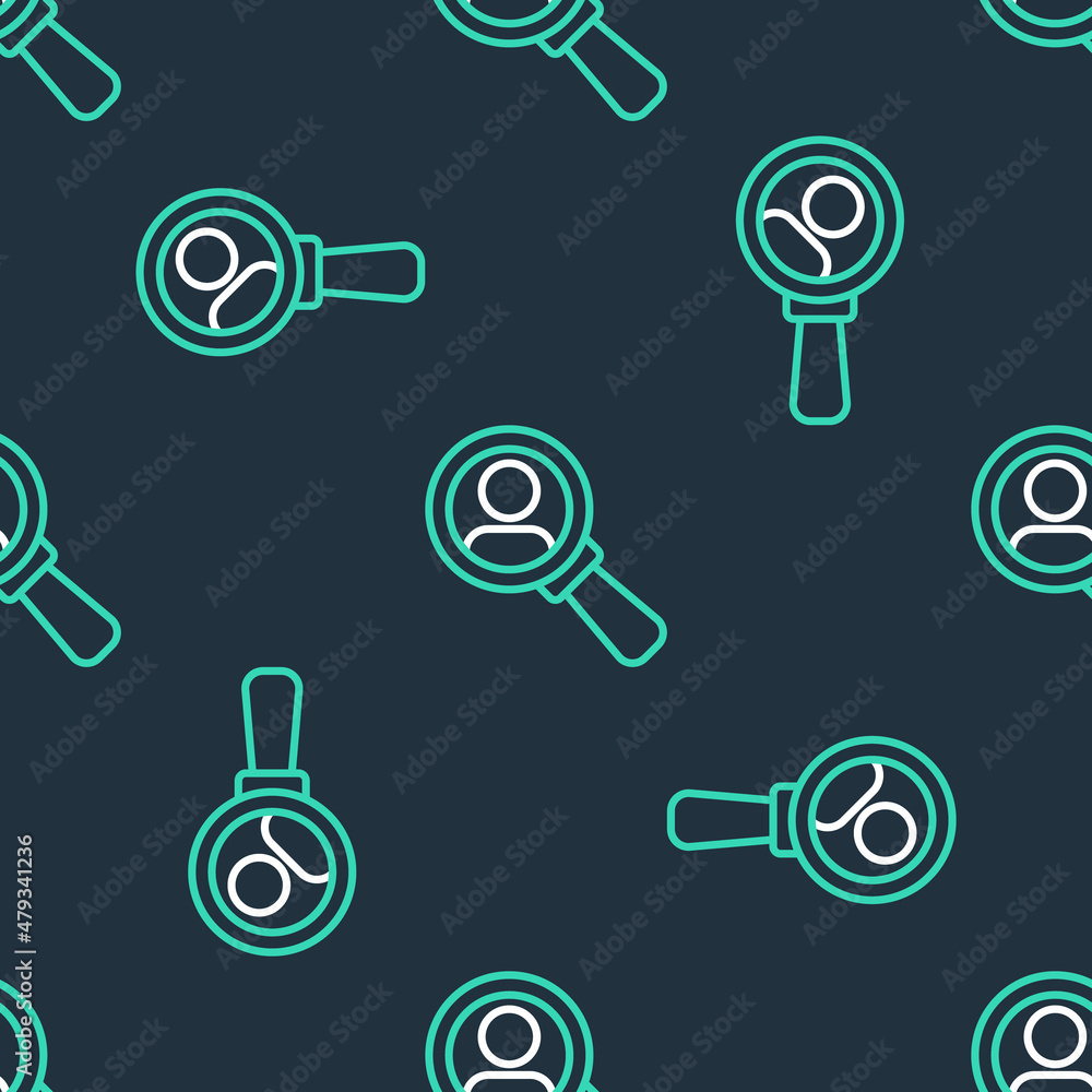Line Magnifying glass for search a people icon isolated seamless pattern on black background. Recruitment or selection concept. Search for employees and job. Vector Line Magnifying glass for search a people icon isolated seamless pattern on black background. Recruitment or selection concept. Search for employees and job. Vector
