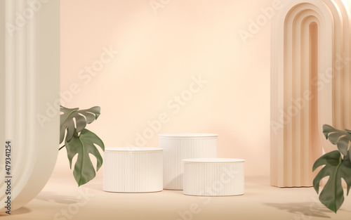 Peach Fuzz is color trend of the Year 2024 with sun shade and tropical plant pot. Stage showcase on pedestal glass studio purple background. 3D rendering