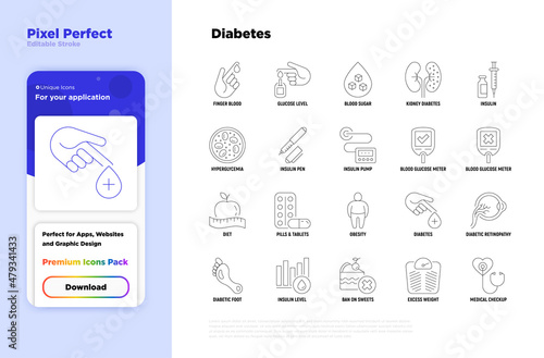 Diabetes thin line icons set: blood test, glucometer, glucose level, insulin pen, hyperglycemia, insulin pump, diabetic retinopathy, obesity. Pixel perfect, editable stroke. Vector illustration.