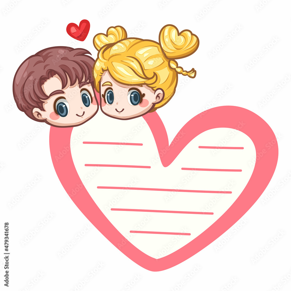 Cute heart shaped notepad with male and female cartoon couple pattern, Cartoon illustration for sticker, card, badge, various print media or It can be used as part of the overall design. Cute heart shaped notepad with male and female cartoon couple pattern, Cartoon illustration for sticker, card, badge, various print media or It can be used as part of the overall design.