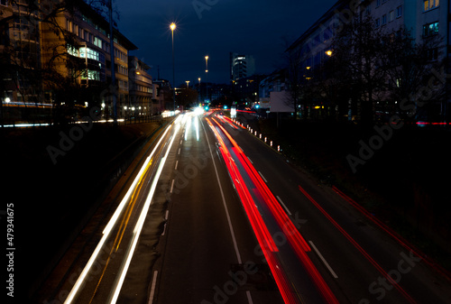 Long exposure at night with cars in city