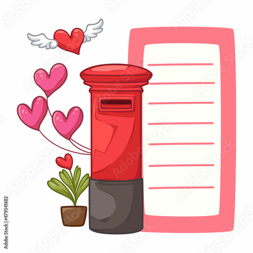 Cute heart shaped notepad with red postbox pattern, Cartoon illustration for sticker, card, badge, various print media or It can be used as part of the overall design.