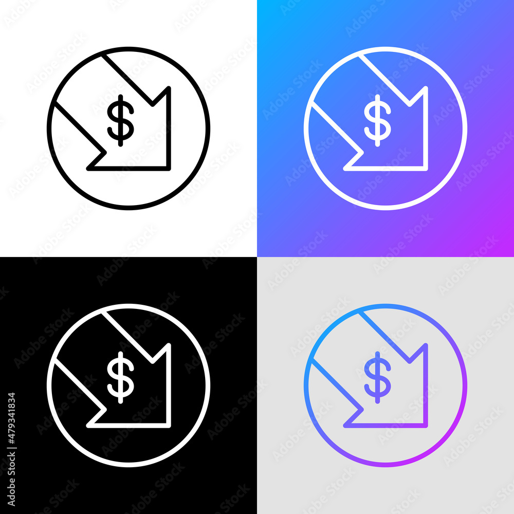 Dollar decreasing thin line icon: arrow symbol falling down. Rate cut, finance crisis, price reduction. Vector illustration. Dollar decreasing thin line icon: arrow symbol falling down. Rate cut, finance crisis, price reduction. Vector illustration.