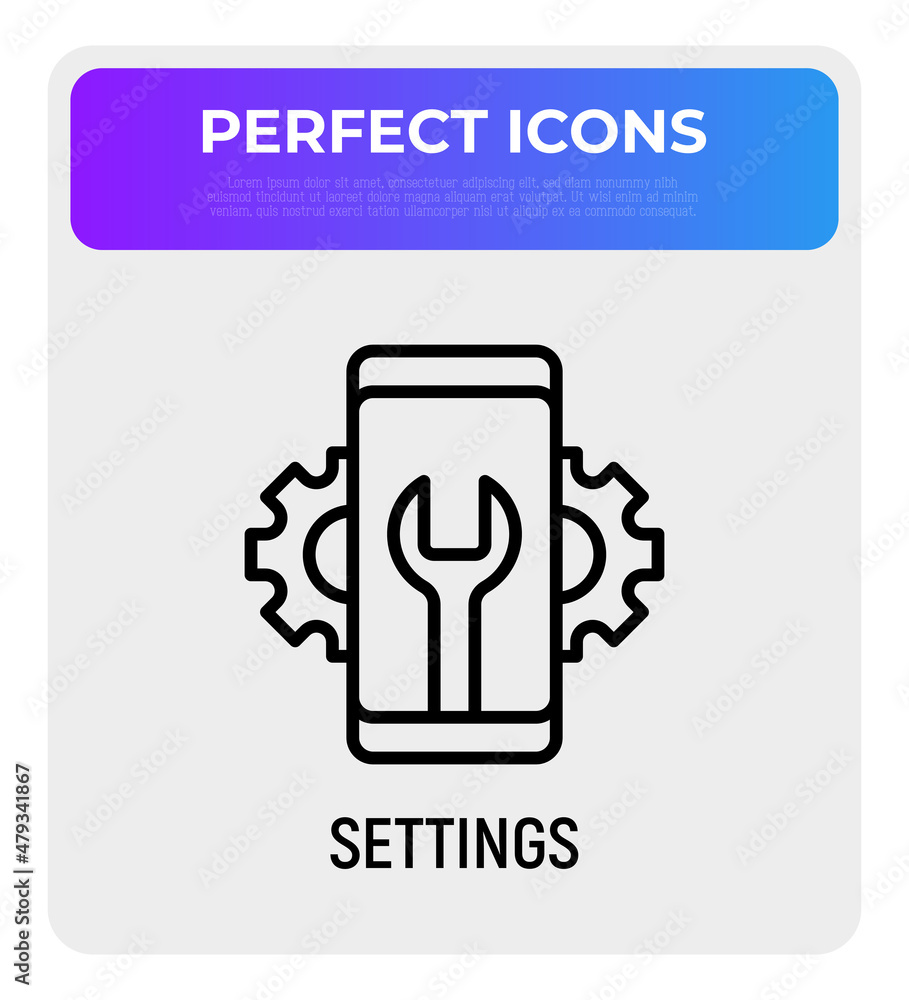 Settings for mobile app thin line icon: wrench and wheels on smartphone screen. Modern vector illustration. Settings for mobile app thin line icon: wrench and wheels on smartphone screen. Modern vector illustration.