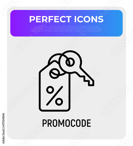 Promocode thin line icon: percent sign on label with key. Modern vector illustration for discount.