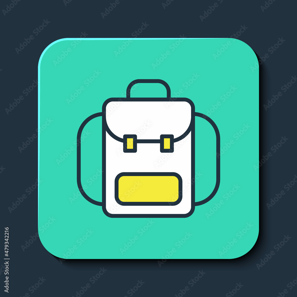 Filled outline Hiking backpack icon isolated on blue background. Camping and mountain exploring backpack. Turquoise square button. Vector Filled outline Hiking backpack icon isolated on blue background. Camping and mountain exploring backpack. Turquoise square button. Vector
