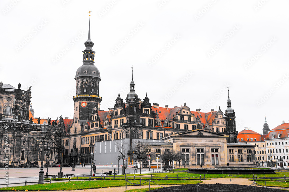 Fototapeta premium Hausmannsturm tower and Dresden Cathedral Catholic Court Church in the old town or Altstadt of Dresden