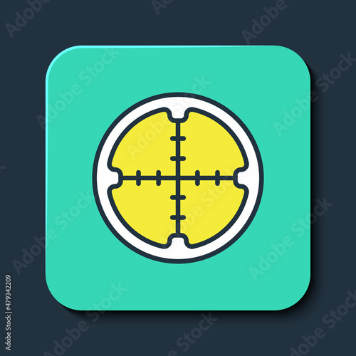 Filled outline Sniper optical sight icon isolated on blue background. Sniper scope crosshairs. Turquoise square button. Vector