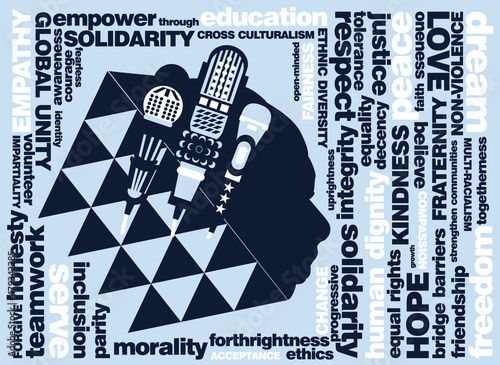 An abstract typographic representation of civil rights concepts on a blue background for MLK day
