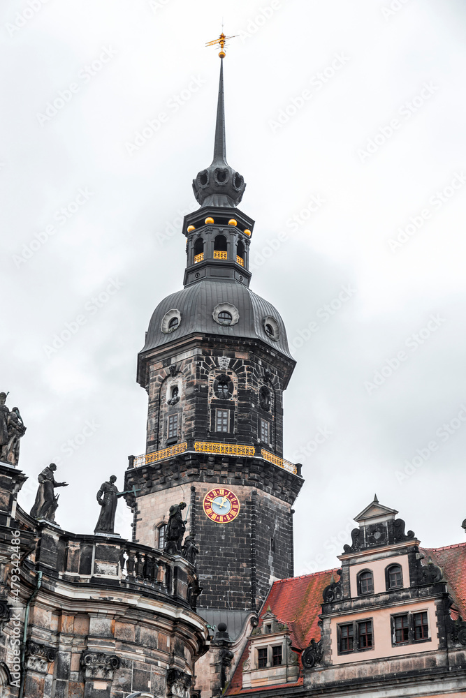 Hausmannsturm tower and Dresden Cathedral Catholic Court Church in the old town or Altstadt of Dresden Hausmannsturm tower and Dresden Cathedral Catholic Court Church in the old town or Altstadt of Dresden