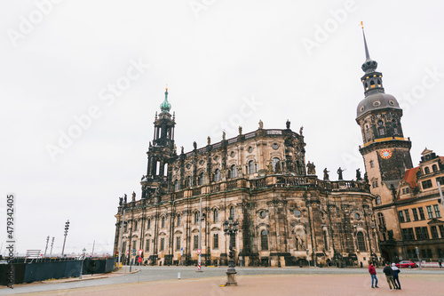 Katolische Hofkirche and Hausmannsturm at the Theater Square in the old town of Dresden, Germany