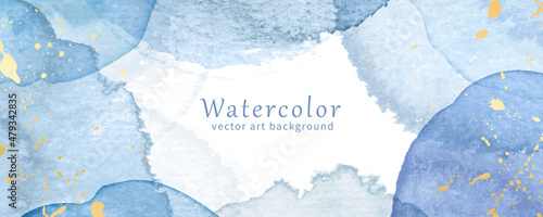 Vector blue watercolor art background with gold splashes. Blue brushstrokes and splashes. Hand painted template for cards, flyer, poster, banner, and cover design. Watercolour texture. Blank.