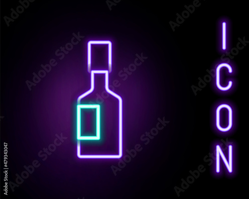 Glowing neon line Tabasco sauce icon isolated on black background. Chili cayenne spicy pepper sauce. Colorful outline concept. Vector
