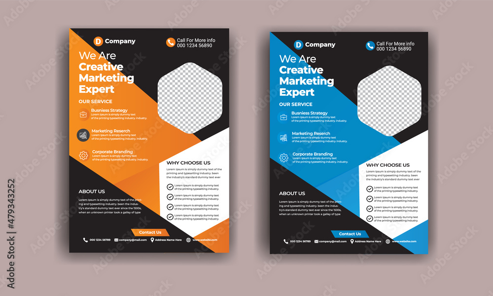 Two business brochure flyer design layout template A4, Template vector design for Magazine, Poster, Corporate Presentation, Portfolio, Flyer infographic, layout modern in orange blue Two business brochure flyer design layout template A4, Template vector design for Magazine, Poster, Corporate Presentation, Portfolio, Flyer infographic, layout modern in orange blue